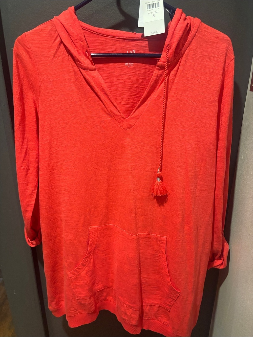 J. Jill Coral Red V-Neck Hoodie with Tassel Drawcord